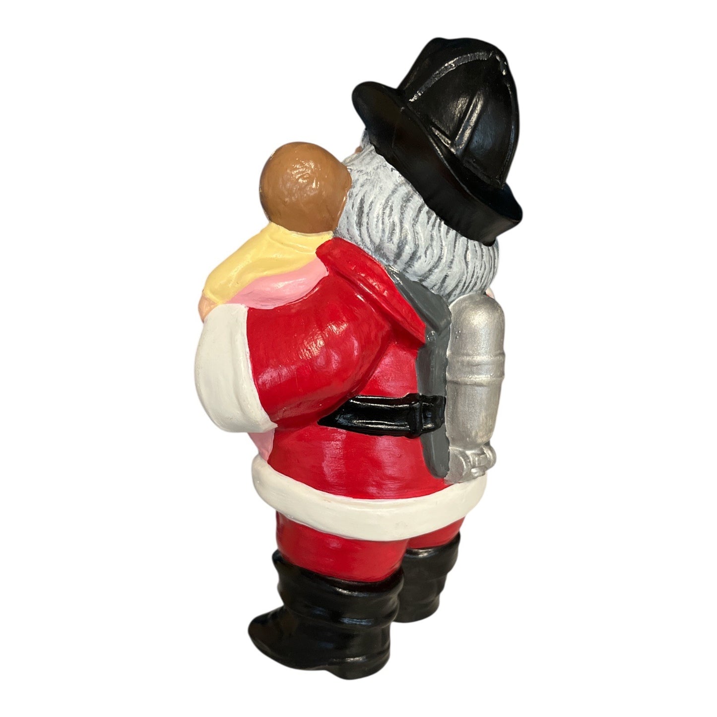 Firefighter Santa Claus Ceramic Figurine Holding Child and Dalmatian 9”