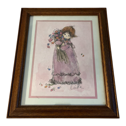Vintage Kinka Framed Art Print – Girl with Flowers in Lavender Dress – 1980s Sentimental Wall Art