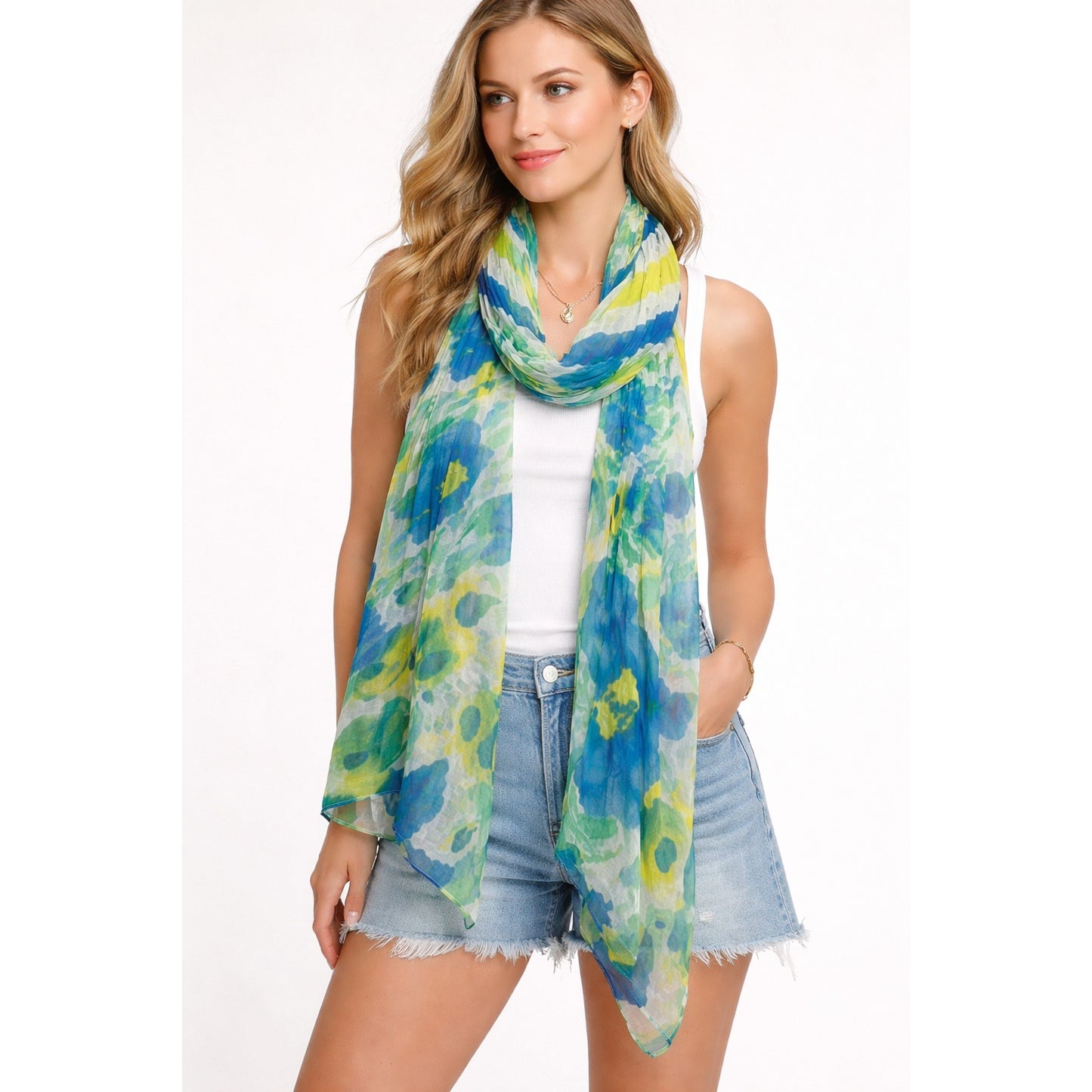 New York & Company Sheer Abstract Scarf Blue Green Yellow Lightweight Wrap