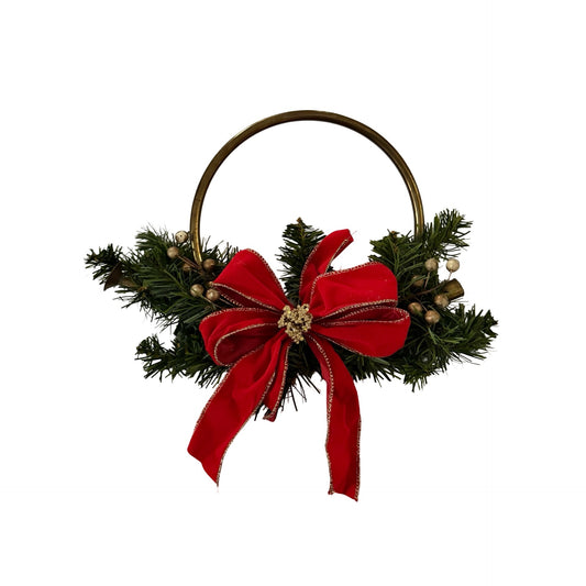 Vintage Brass Tone French Horn Christmas Decoration Evergreen Red Bow 7 Inch