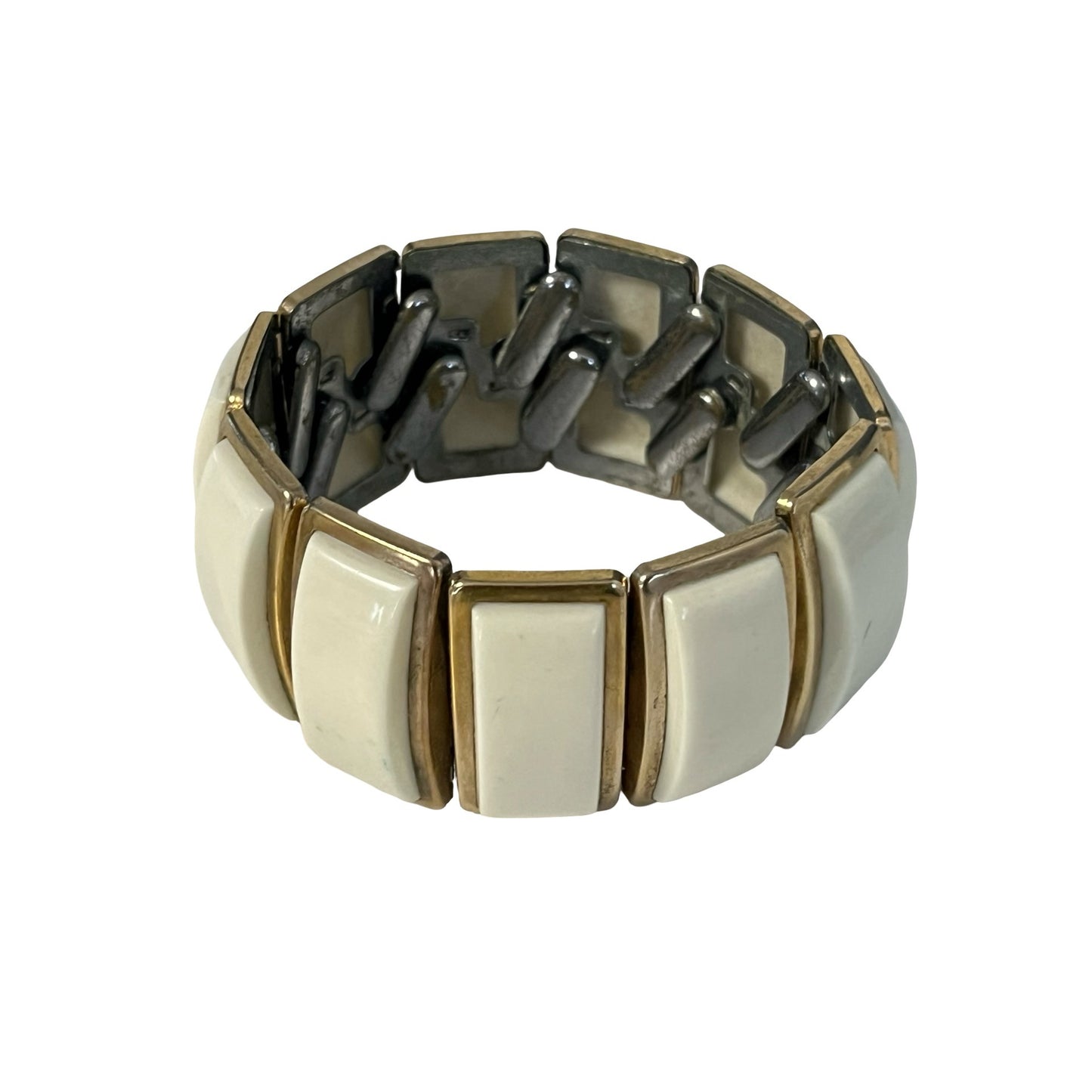 Vintage Panel Link Bracelet White Lucite Gold Tone Stretch Wide Bracelet Retro Mod