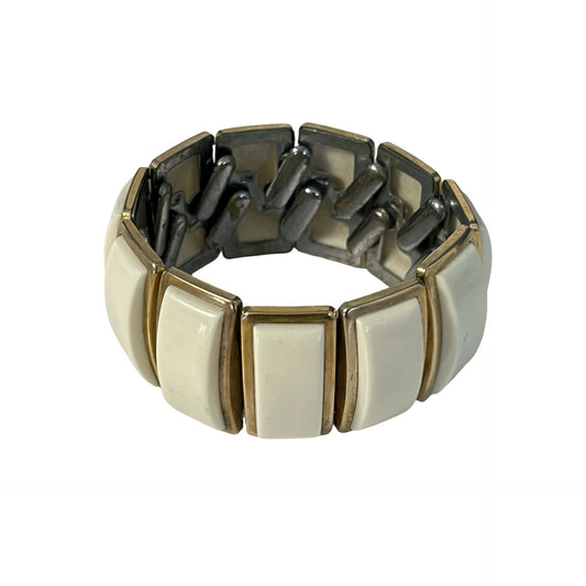 Vintage Panel Link Bracelet White Lucite Gold Tone Stretch Wide Bracelet Retro Mod