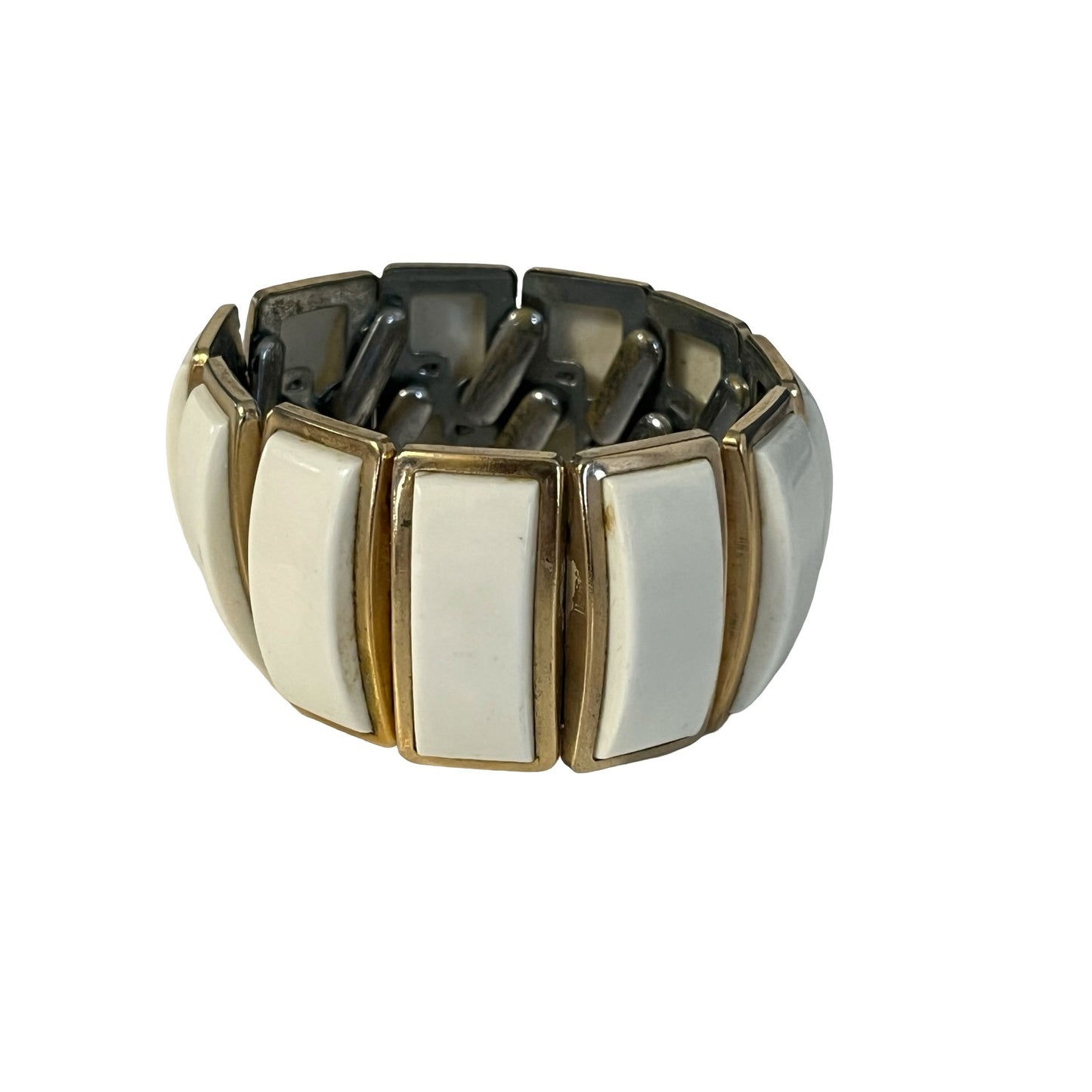 Vintage Panel Link Bracelet White Lucite Gold Tone Stretch Wide Bracelet Retro Mod
