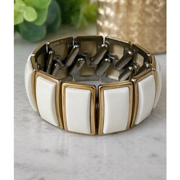 Vintage Panel Link Bracelet White Lucite Gold Tone Stretch Wide Bracelet Retro Mod