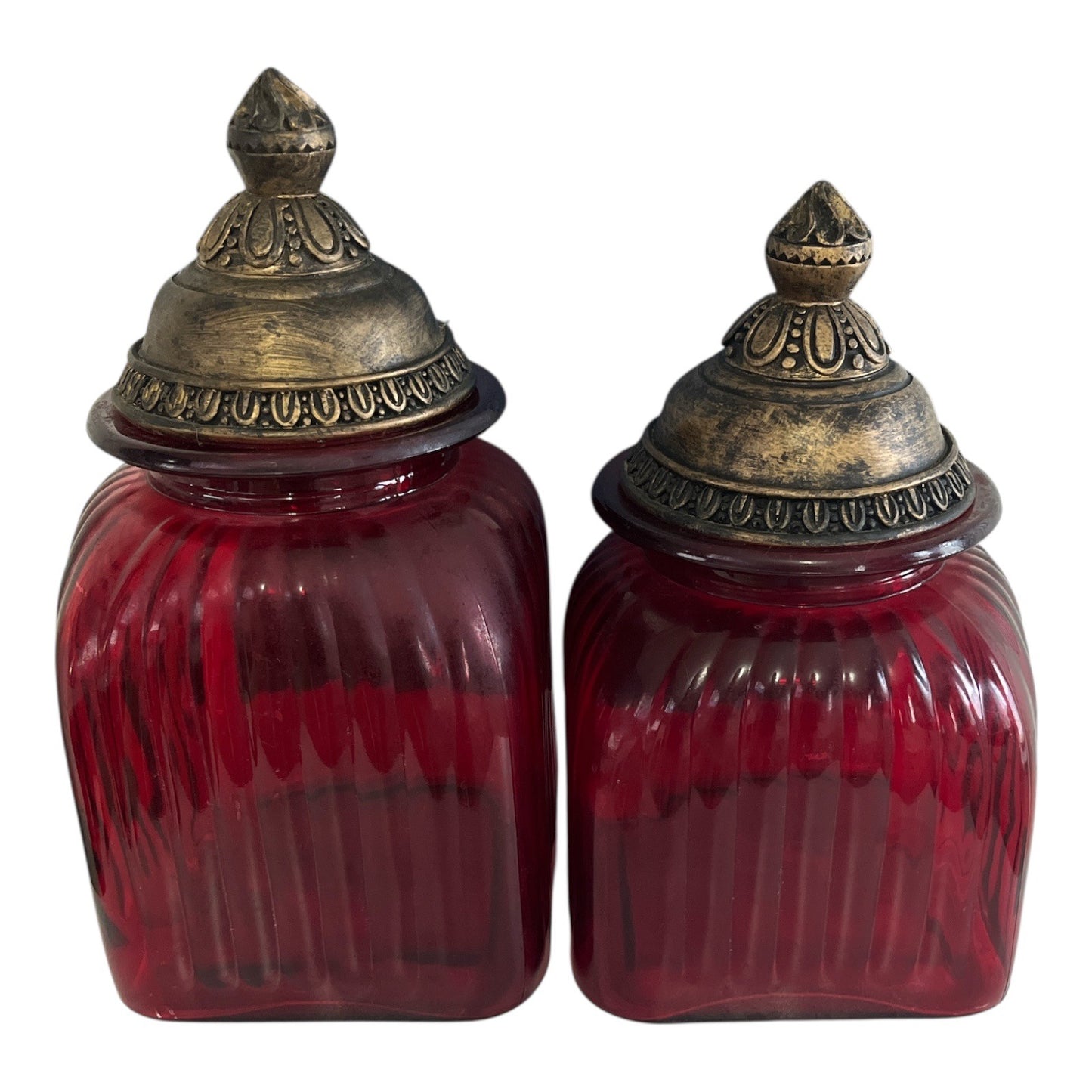 Pair of Ruby Red Glass Apothecary Jars with Ornate Bronze-Style Lids