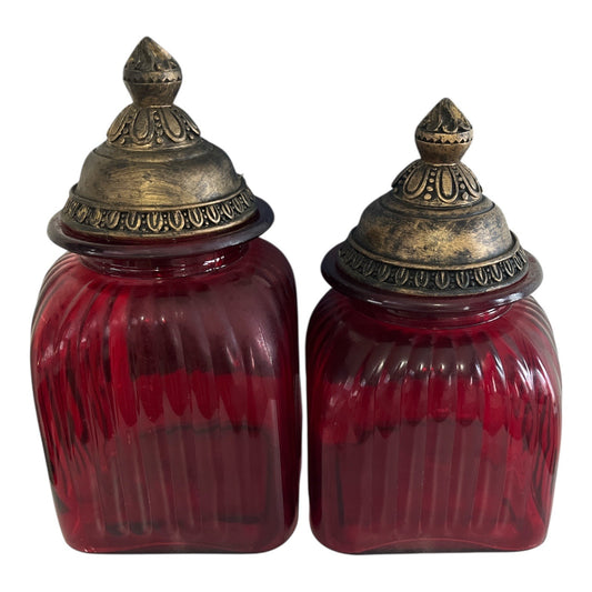 Pair of Ruby Red Glass Apothecary Jars with Ornate Bronze-Style Lids