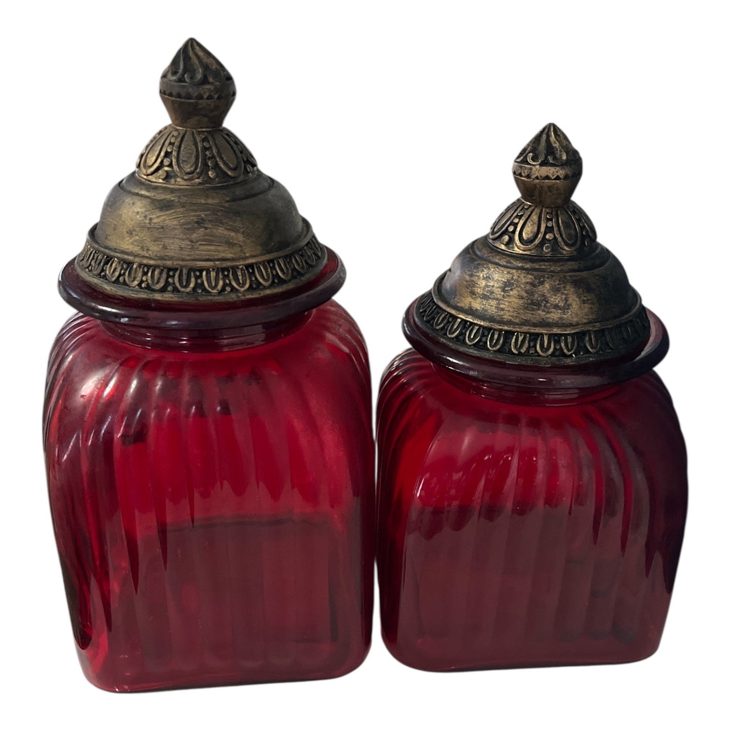 Pair of Ruby Red Glass Apothecary Jars with Ornate Bronze-Style Lids