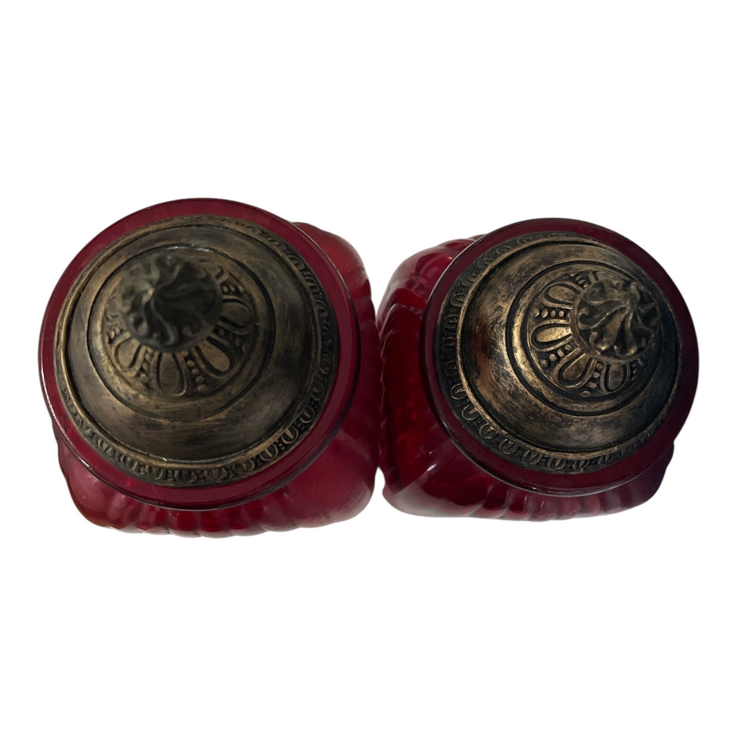 Pair of Ruby Red Glass Apothecary Jars with Ornate Bronze-Style Lids