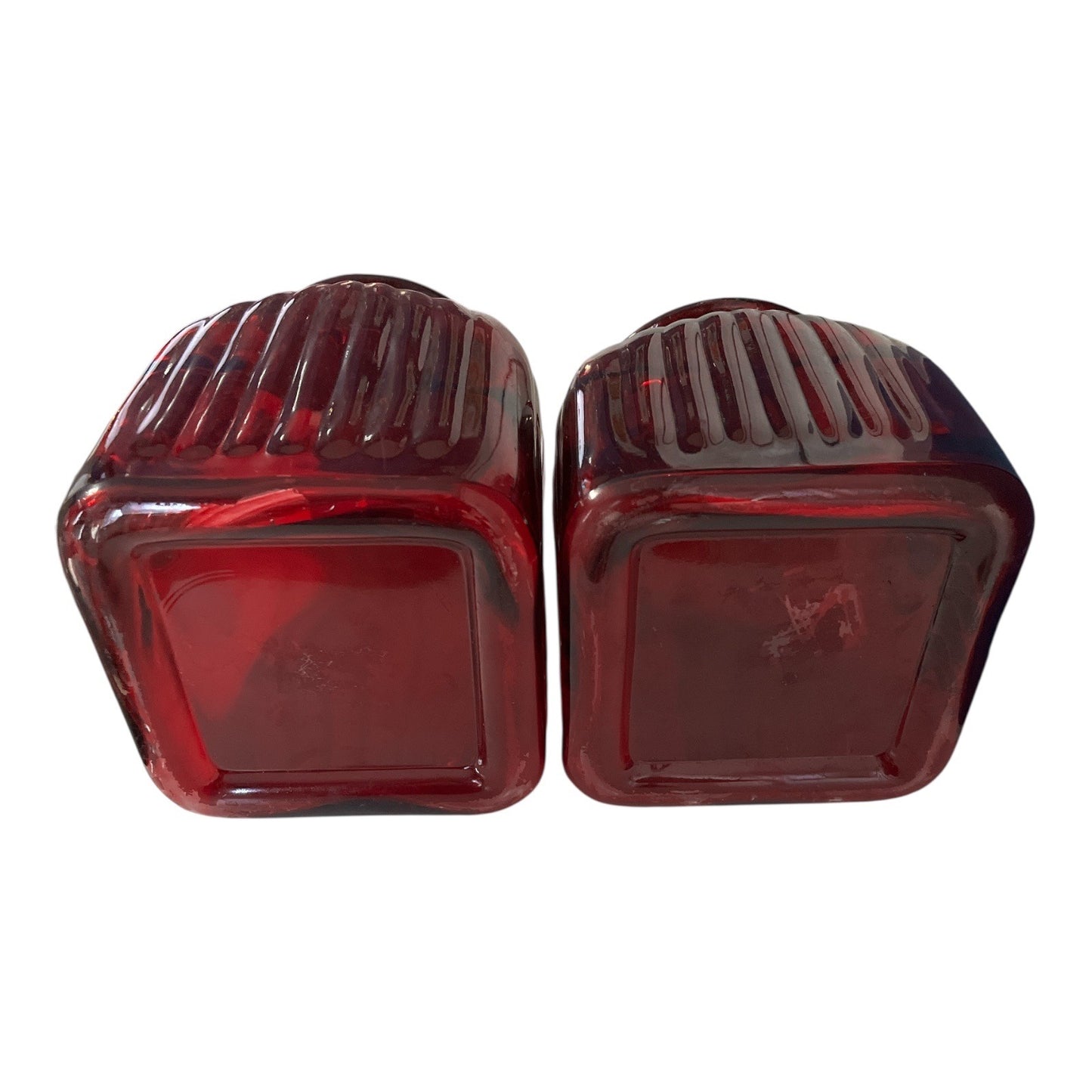 Pair of Ruby Red Glass Apothecary Jars with Ornate Bronze-Style Lids