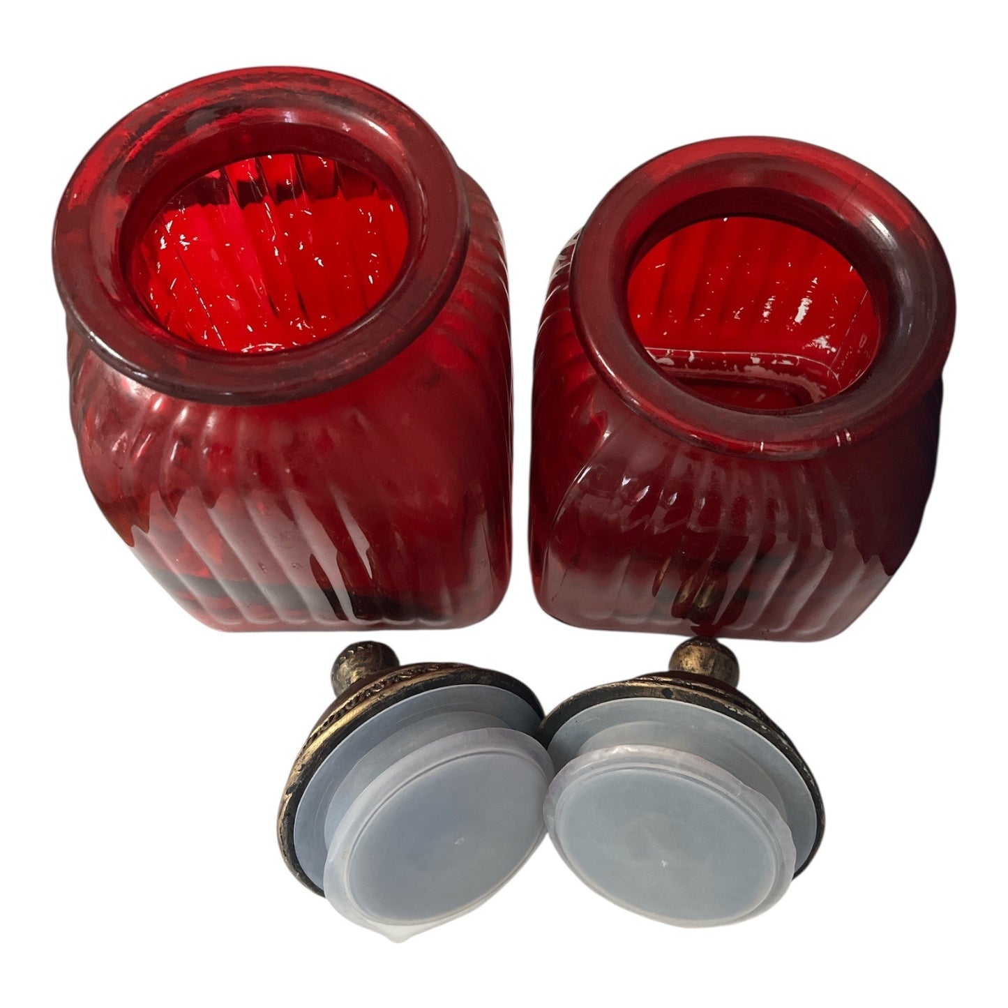 Pair of Ruby Red Glass Apothecary Jars with Ornate Bronze-Style Lids