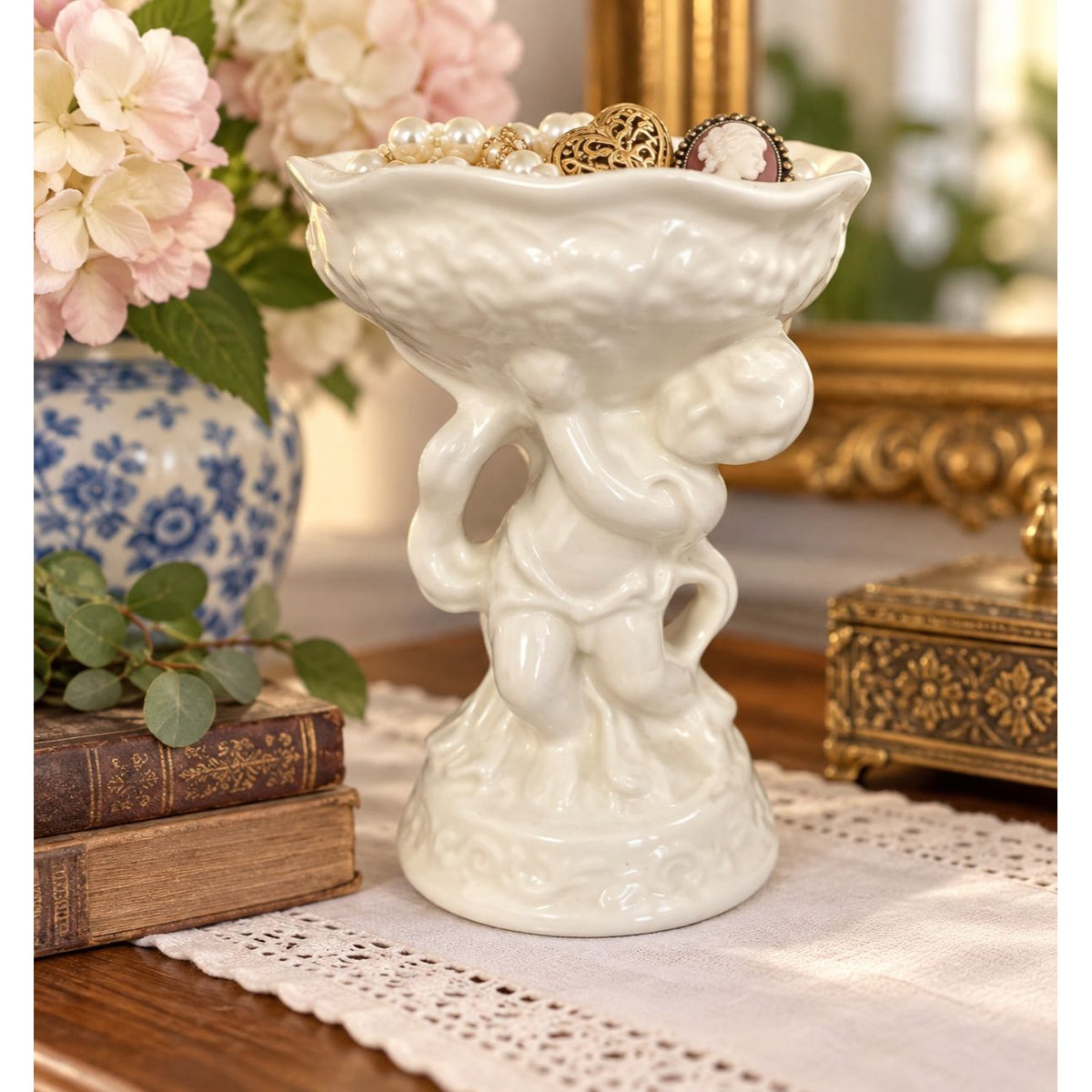 Vintage Made in England White Ceramic Cherub Child Pedestal Compote Bowl 5.5 Inch