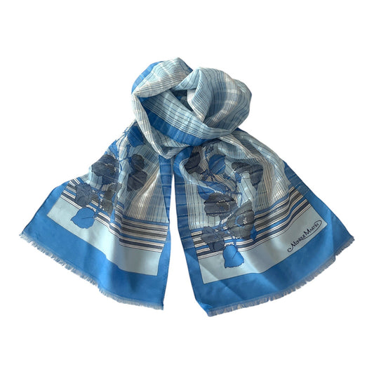 Vintage Monique Martin Blue Floral Striped Scarf – 52 x 11 – Sheer Lightweight Wrap with Fringe