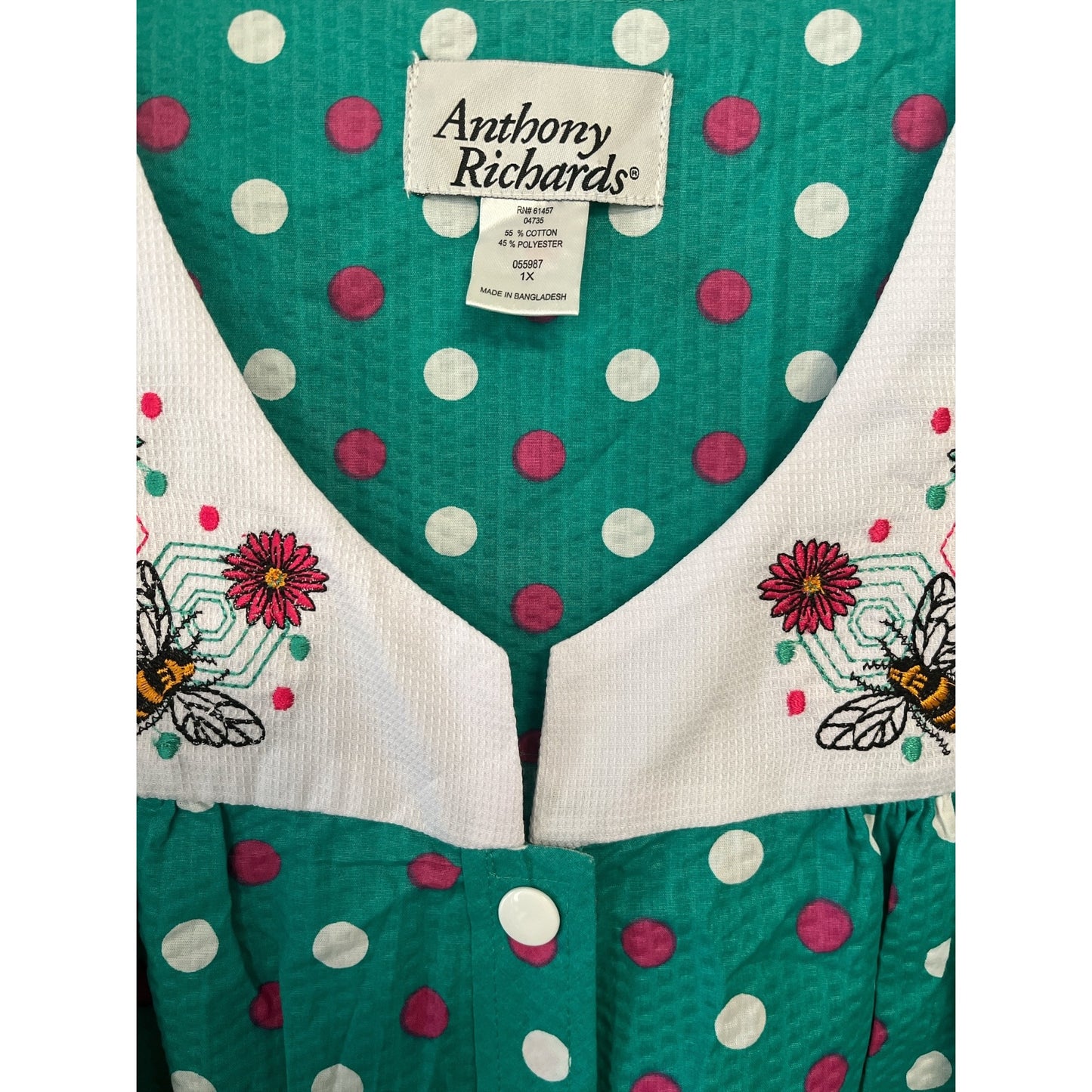 Vintage Anthony Richards Polka Dot House Dress 1X Embroidered Bee Cotton Blend