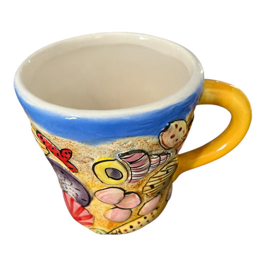 3D Relief Beach Scene Mug Raised Coastal Design Pastel Ocean Coffee Cup 4x4" 1990s–2000s