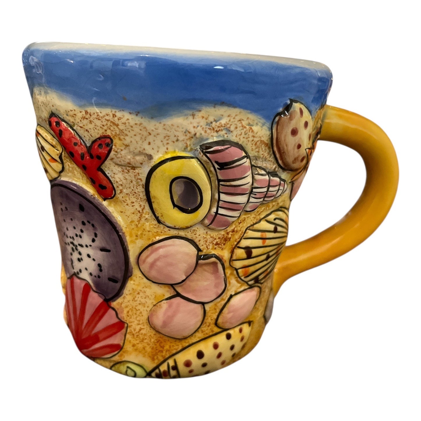 3D Relief Beach Scene Mug Raised Coastal Design Pastel Ocean Coffee Cup 4x4" 1990s–2000s
