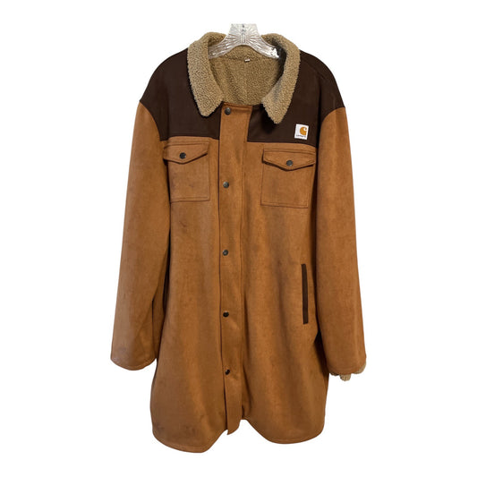 Vintage 90s-2000s Carhartt Sherpa-Lined Suede-Look Coat – Tagged 3XLT – Fits XL/2XL – Brown Western Barn Jacket