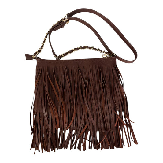Brown Faux Leather Fringe Crossbody Bag – Boho Western Style – Gold Chain Strap – Lined Interior