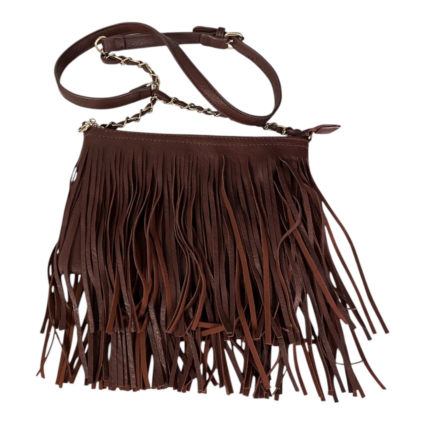 Brown Faux Leather Fringe Crossbody Bag – Boho Western Style – Gold Chain Strap – Lined Interior