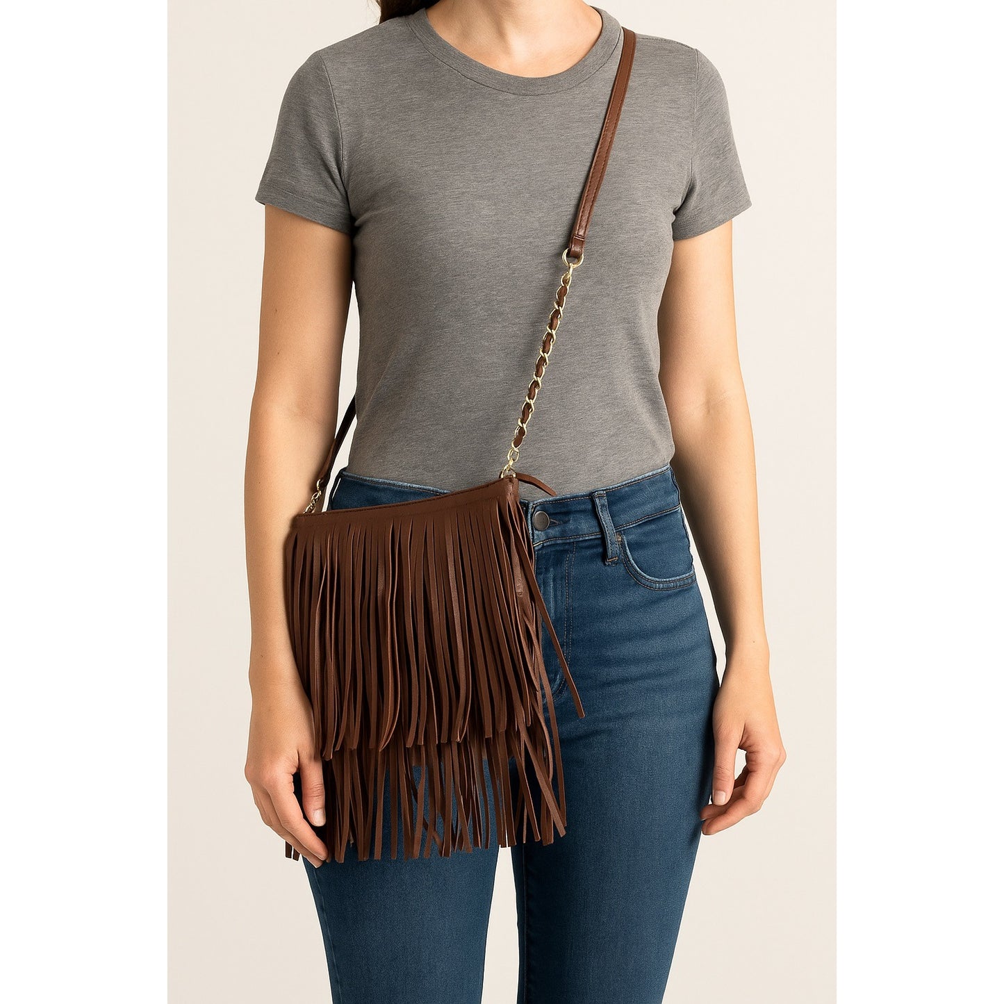 Brown Faux Leather Fringe Crossbody Bag – Boho Western Style – Gold Chain Strap – Lined Interior