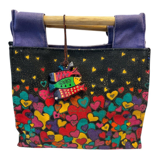 Vintage Laurel Burch Canvas Handbag – Multicolor Hearts & People – Bamboo Handles – 7 x 8.5 x 4 in