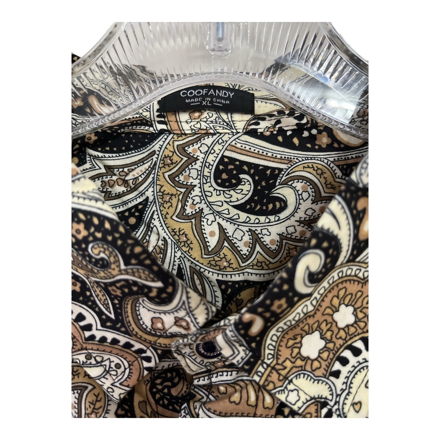Coofandy Men's XL Paisley Long-Sleeve Button-Down Shirt – Brown/Black/Beige – Cotton Blend