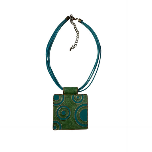 Vintage Statement Pendant Necklace Green Blue Enamel Geometric Cord Necklace
