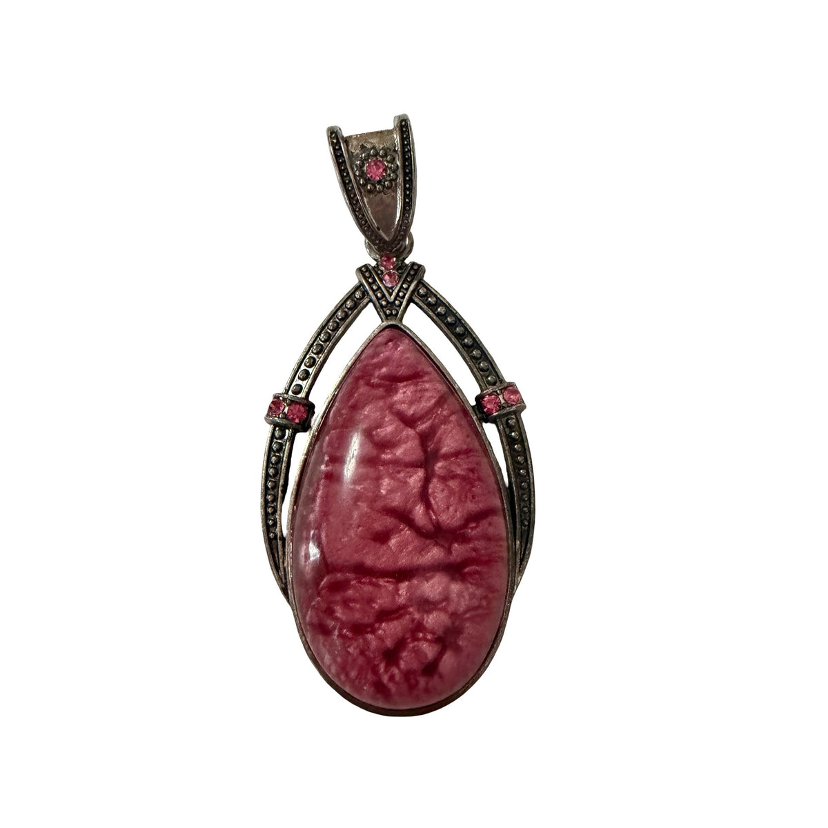 Vintage Style Pink Marbled Teardrop Pendant Antiqued Silver Tone Rhinestone Jewelry