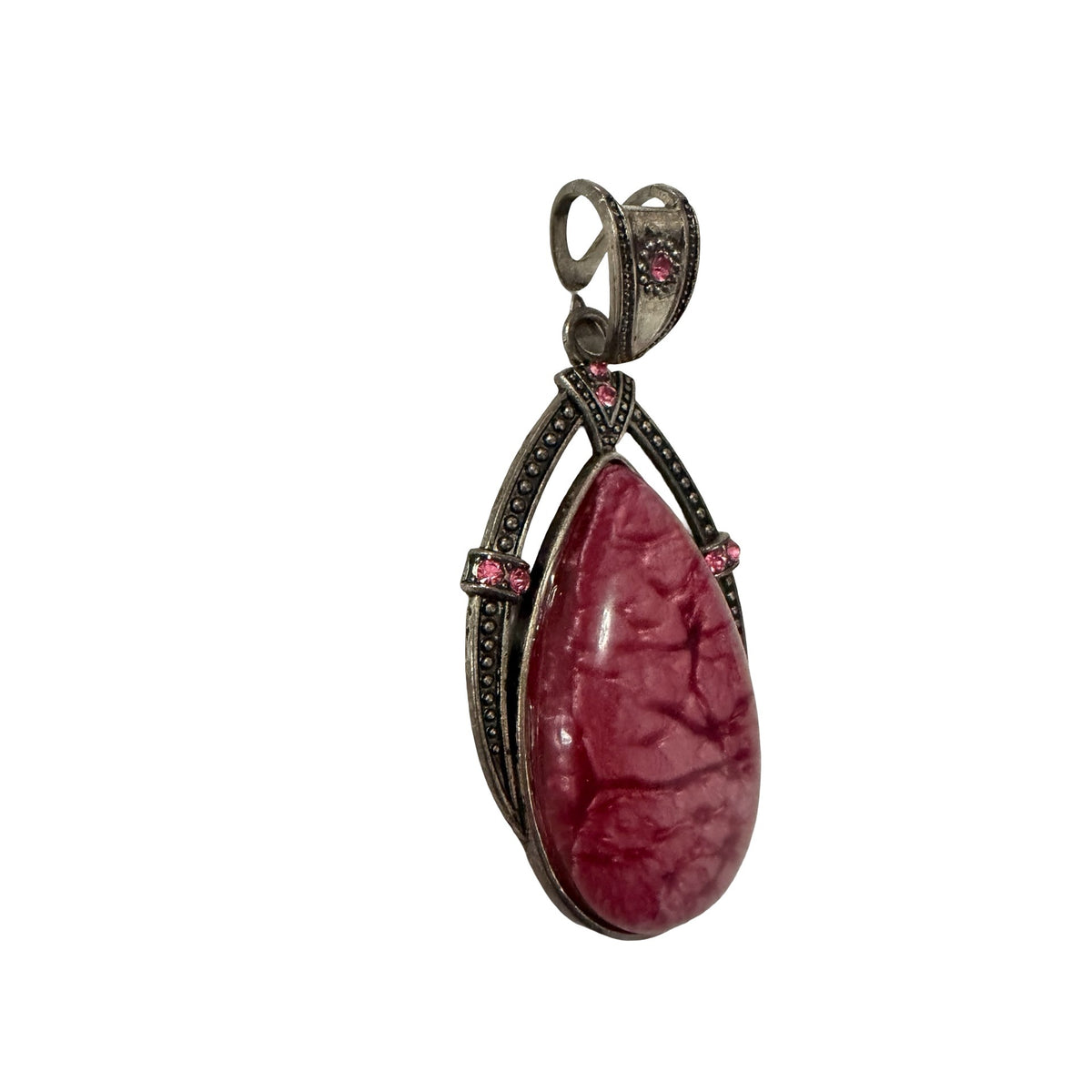 Vintage Style Pink Marbled Teardrop Pendant Antiqued Silver Tone Rhinestone Jewelry