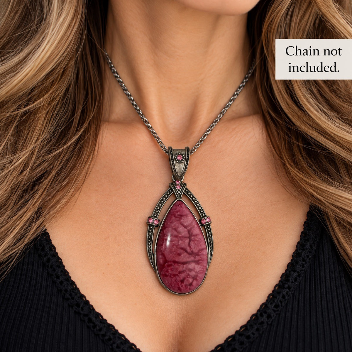 Vintage Style Pink Marbled Teardrop Pendant Antiqued Silver Tone Rhinestone Jewelry