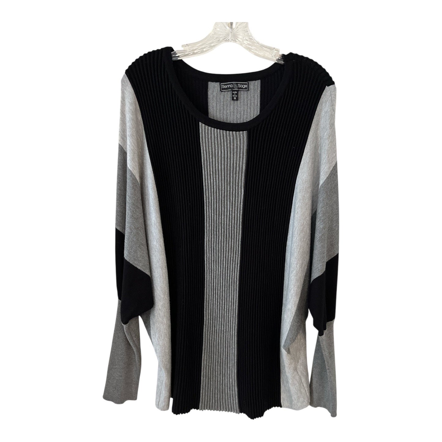 Sienna & Sage Colorblock Ribbed Long Sleeve Sweater 1X Black Gray Vertical Stripes