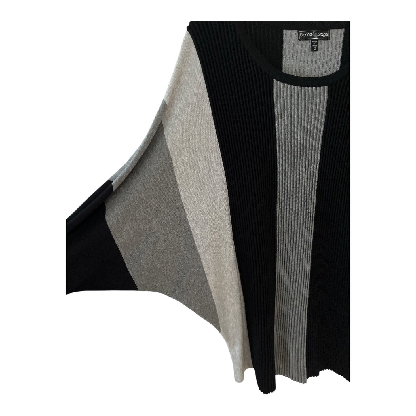 Sienna & Sage Colorblock Ribbed Long Sleeve Sweater 1X Black Gray Vertical Stripes