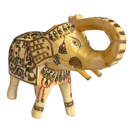 VTG Hand-Painted Faux Bone Elephant Figurine – 7” Carved Sculpture with Floral Design – India Style Decor – Good Luck Trunk Up