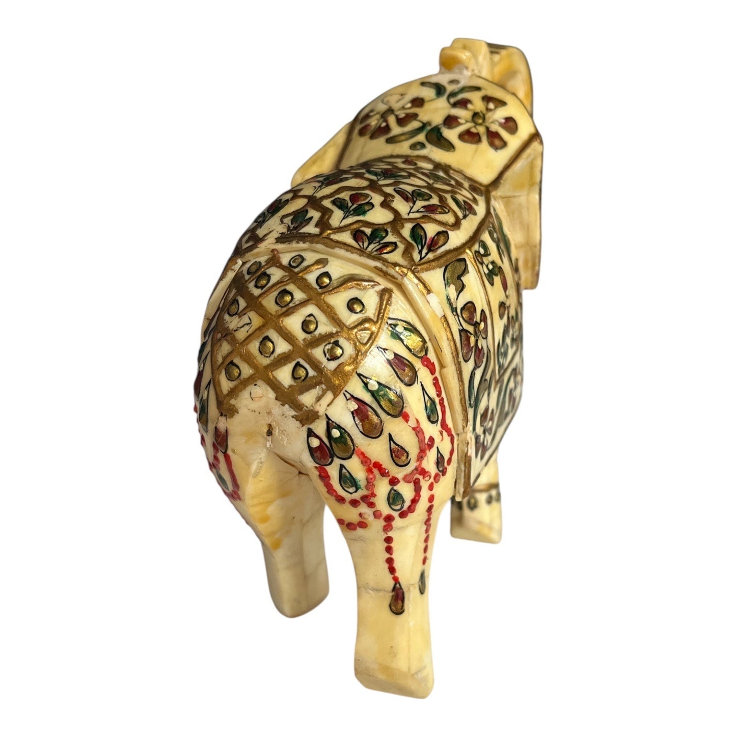 VTG Hand-Painted Faux Bone Elephant Figurine – 7” Carved Sculpture with Floral Design – India Style Decor – Good Luck Trunk Up