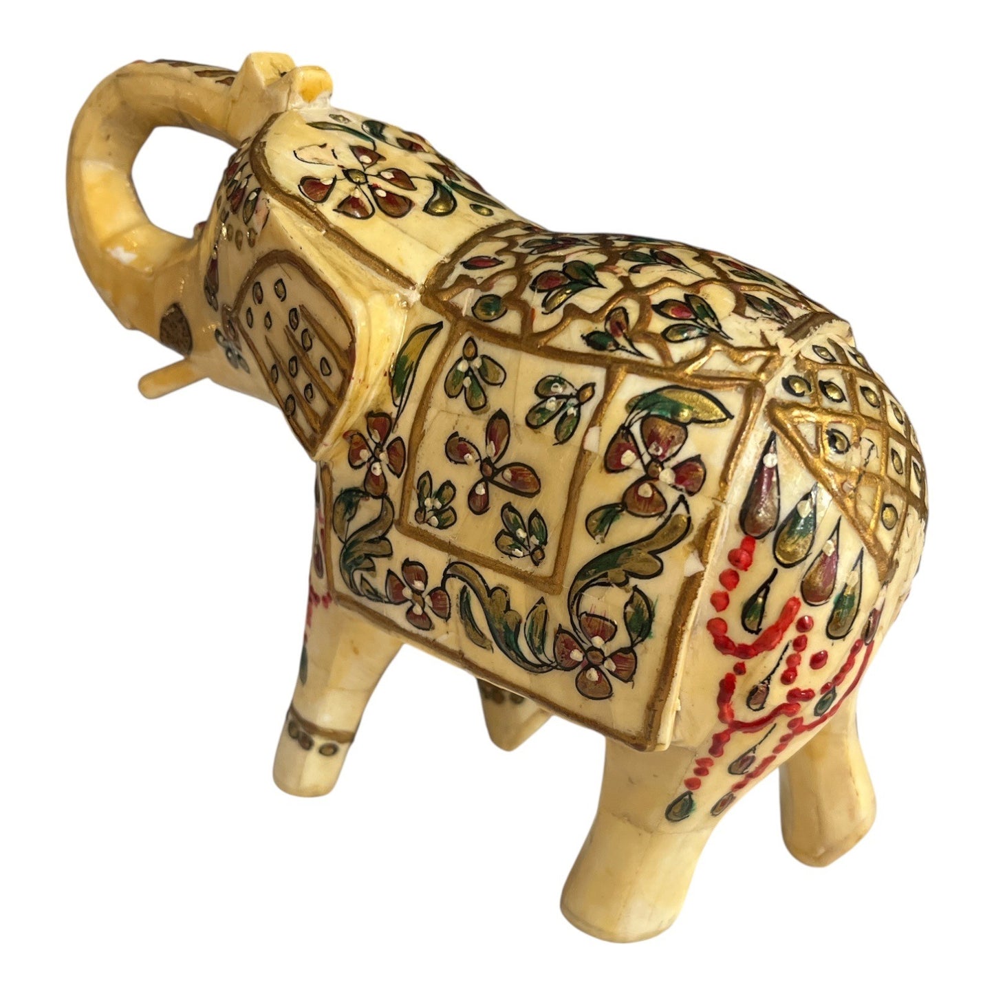 VTG Hand-Painted Faux Bone Elephant Figurine – 7” Carved Sculpture with Floral Design – India Style Decor – Good Luck Trunk Up