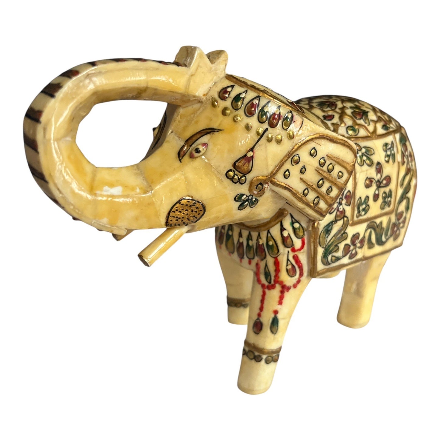 VTG Hand-Painted Faux Bone Elephant Figurine – 7” Carved Sculpture with Floral Design – India Style Decor – Good Luck Trunk Up