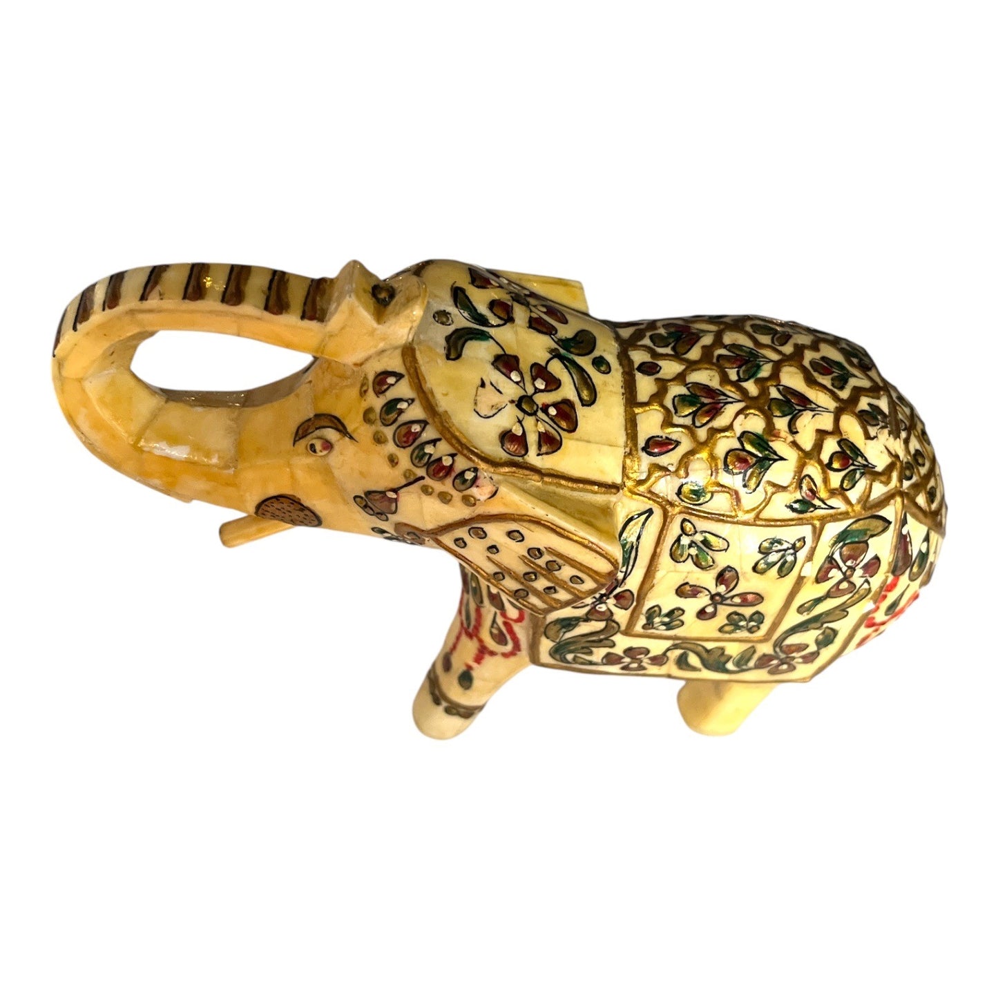 VTG Hand-Painted Faux Bone Elephant Figurine – 7” Carved Sculpture with Floral Design – India Style Decor – Good Luck Trunk Up