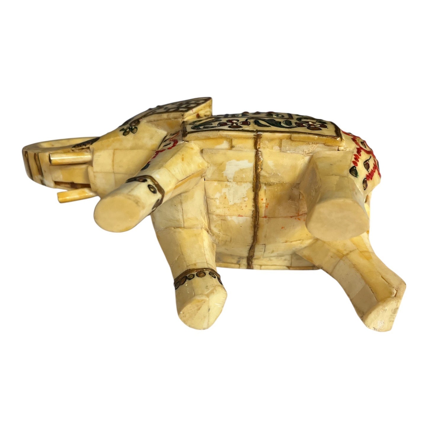 VTG Hand-Painted Faux Bone Elephant Figurine – 7” Carved Sculpture with Floral Design – India Style Decor – Good Luck Trunk Up