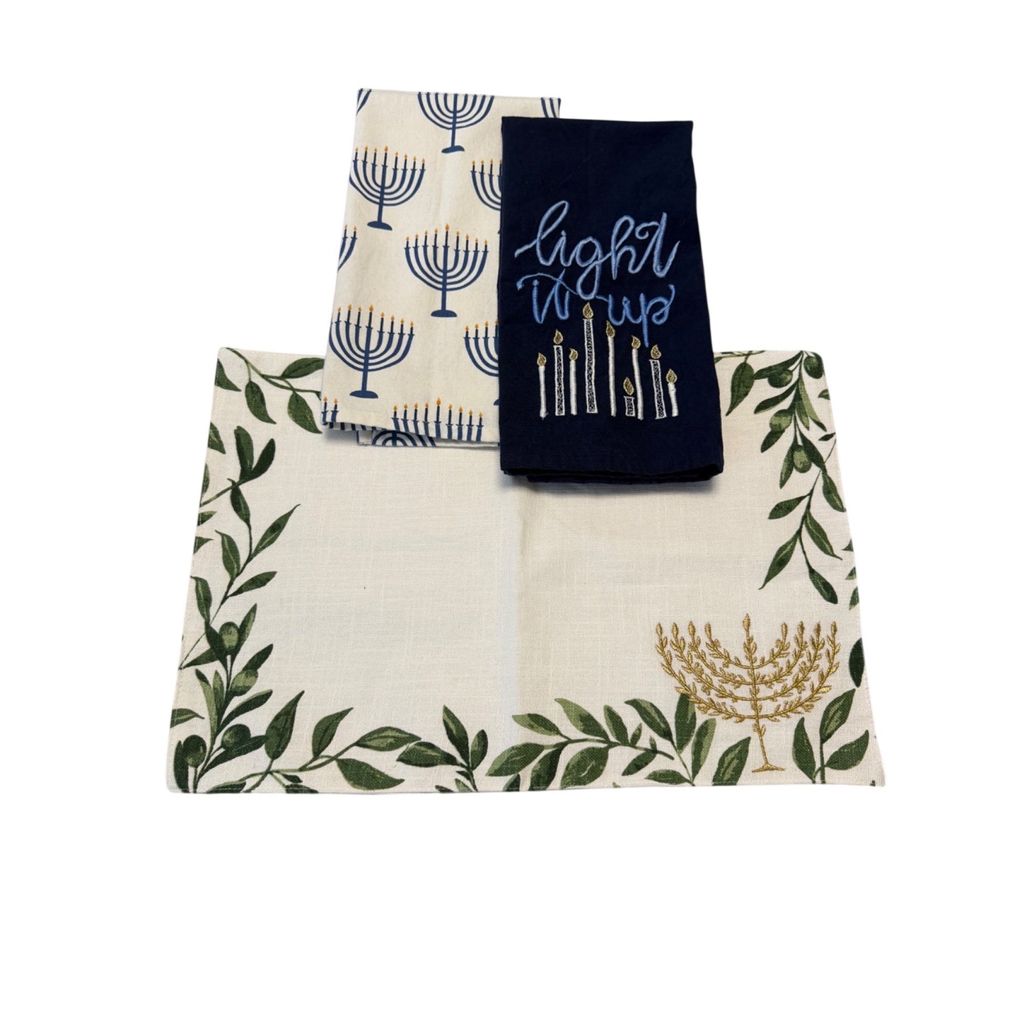 Hanukkah Kitchen Towel Set Light It Up Menorah Placemat Festive Lights Cotton Judaica