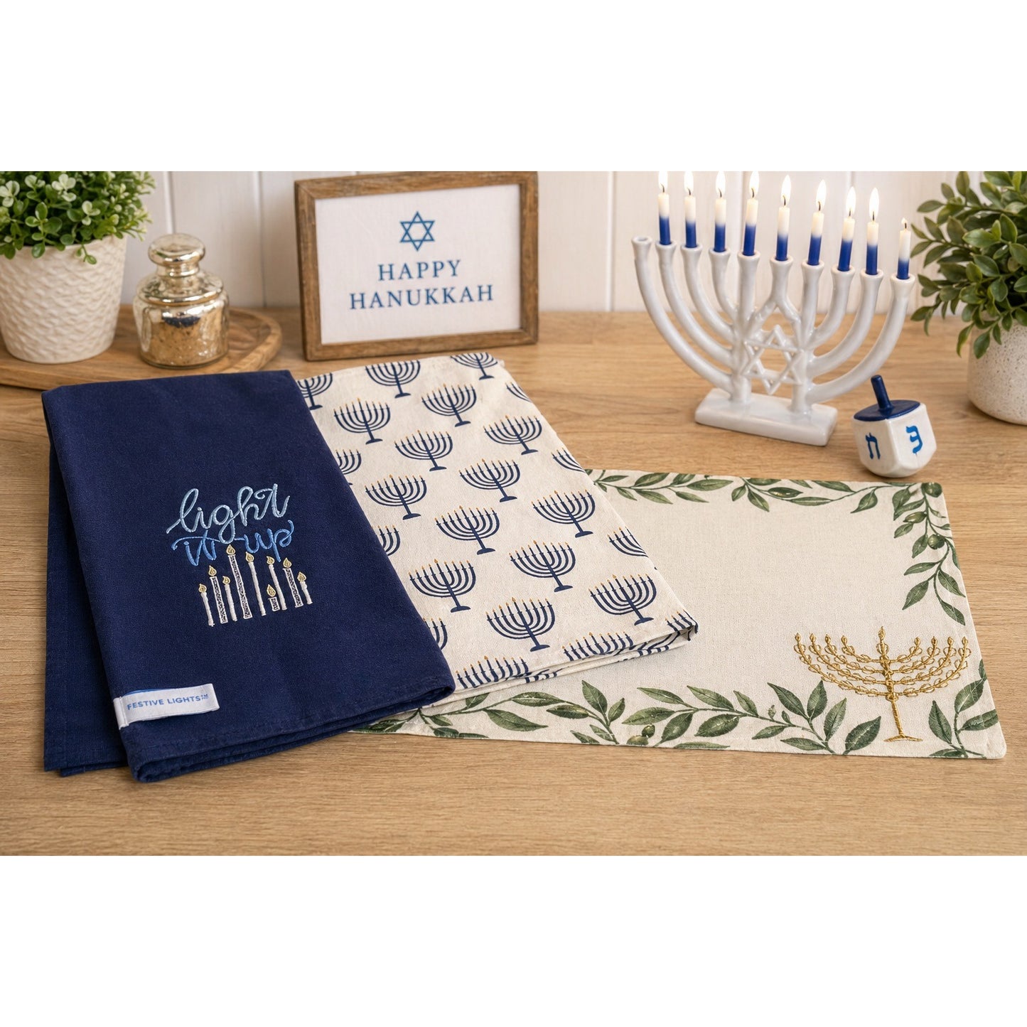 Hanukkah Kitchen Towel Set Light It Up Menorah Placemat Festive Lights Cotton Judaica