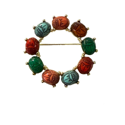 Vintage Egyptian Revival Scarab Circle Brooch Multicolor Carved Scarab Pin 1.5"