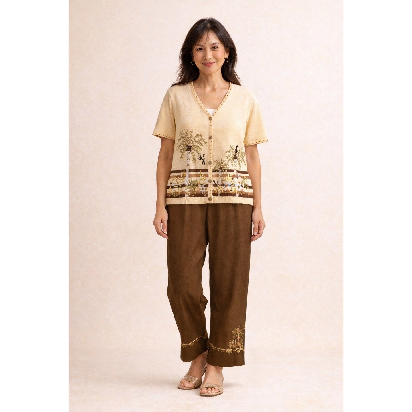 Alfred Dunner Petite Embroidered Tropical Cardigan & Pants Set Vintage PS