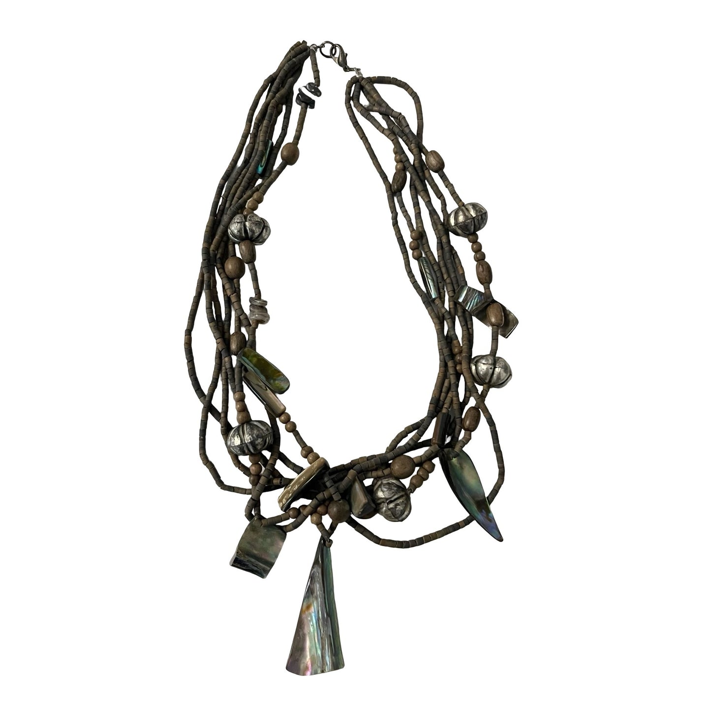 Multi Strand Abalone Shell Necklace Organic Beaded Tribal Boho Statement 16 Inch