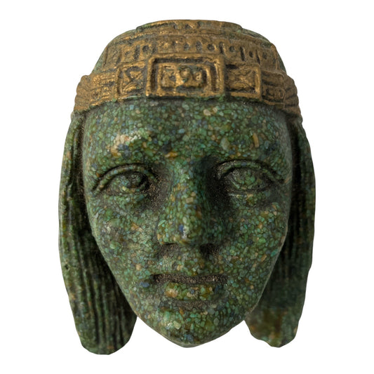 Vintage Mayan Aztec Revival Wall Plaque – Green Stone Composite Head Sculpture – 4.5” – 1 lb 5 oz.