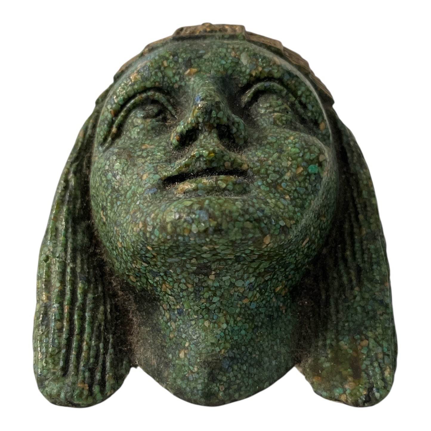 Vintage Mayan Aztec Revival Wall Plaque – Green Stone Composite Head Sculpture – 4.5” – 1 lb 5 oz.