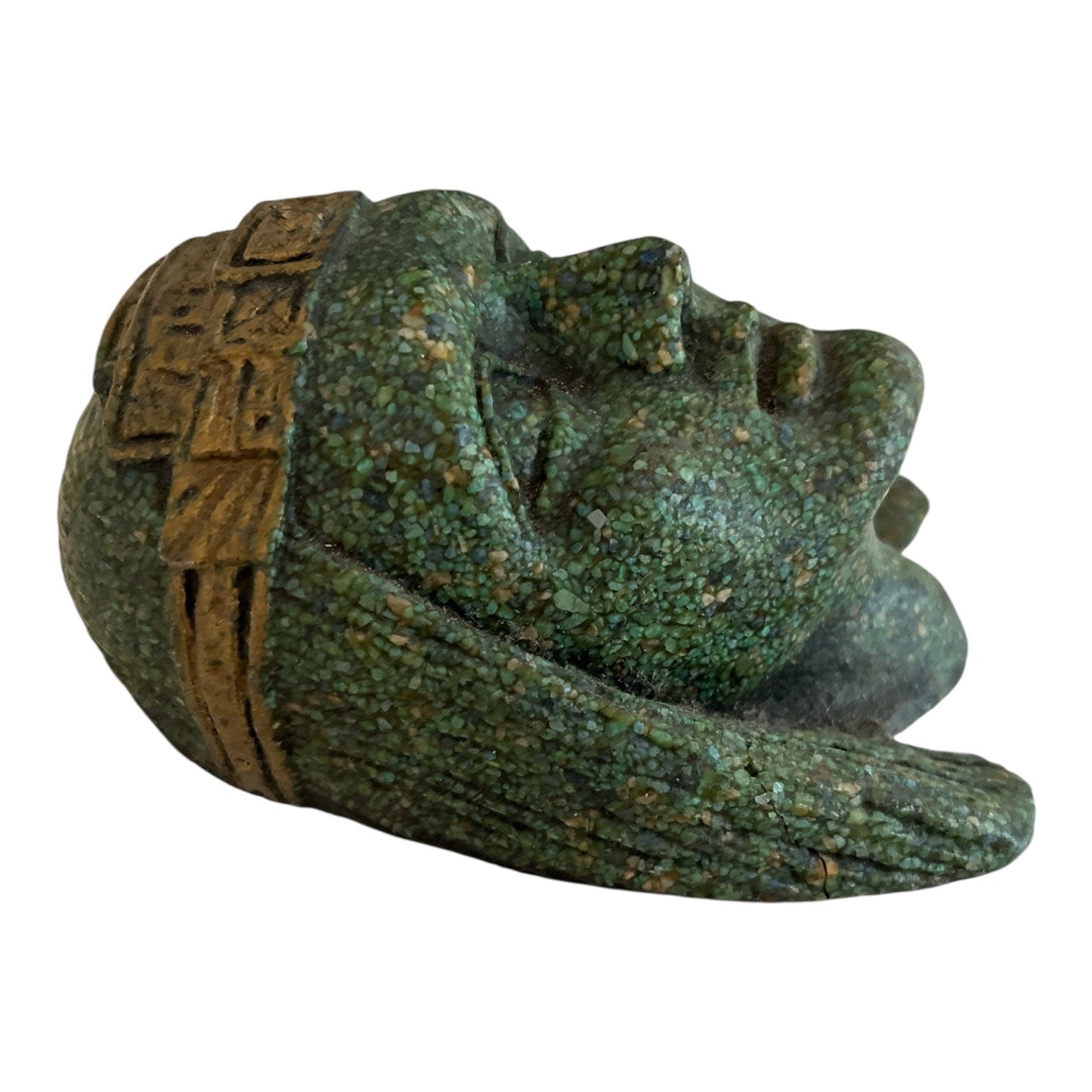 Vintage Mayan Aztec Revival Wall Plaque – Green Stone Composite Head Sculpture – 4.5” – 1 lb 5 oz.