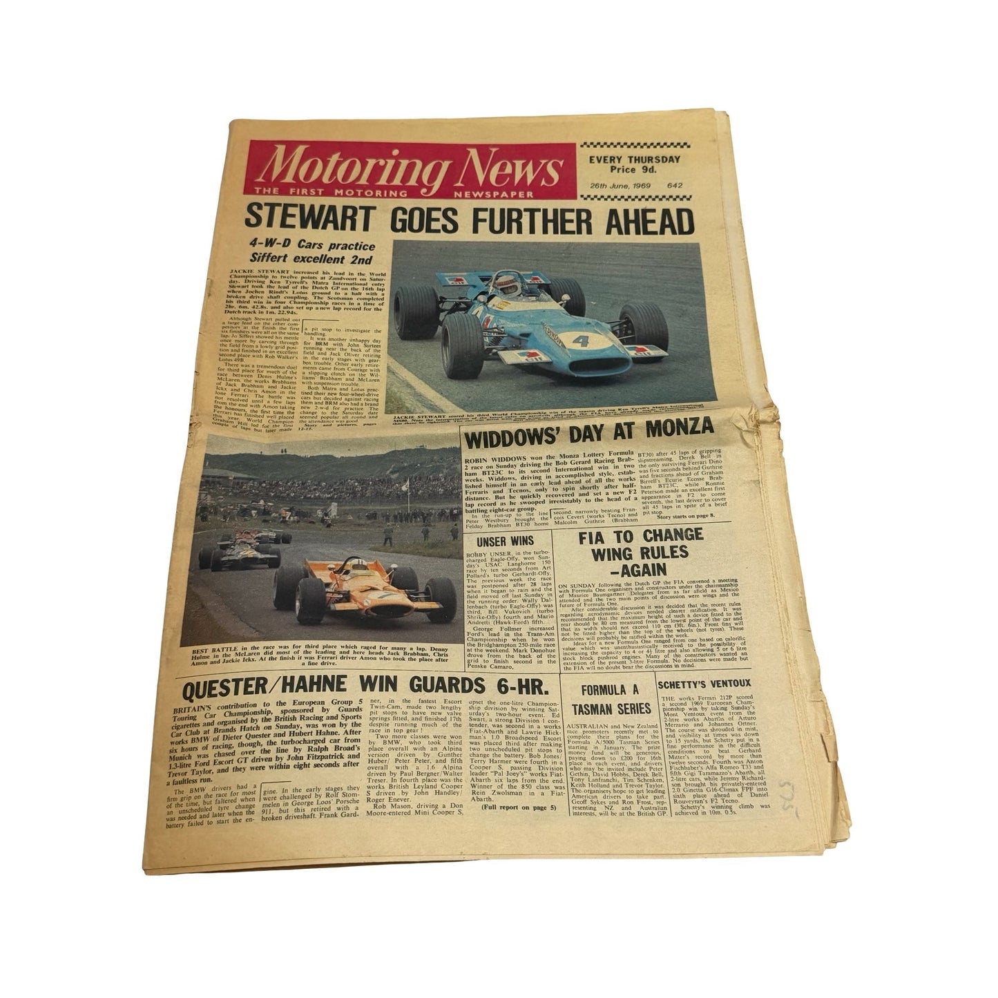 Vintage Motoring News Newspaper June 26 1969 Jackie Stewart Dutch Grand Prix Formula One Racing