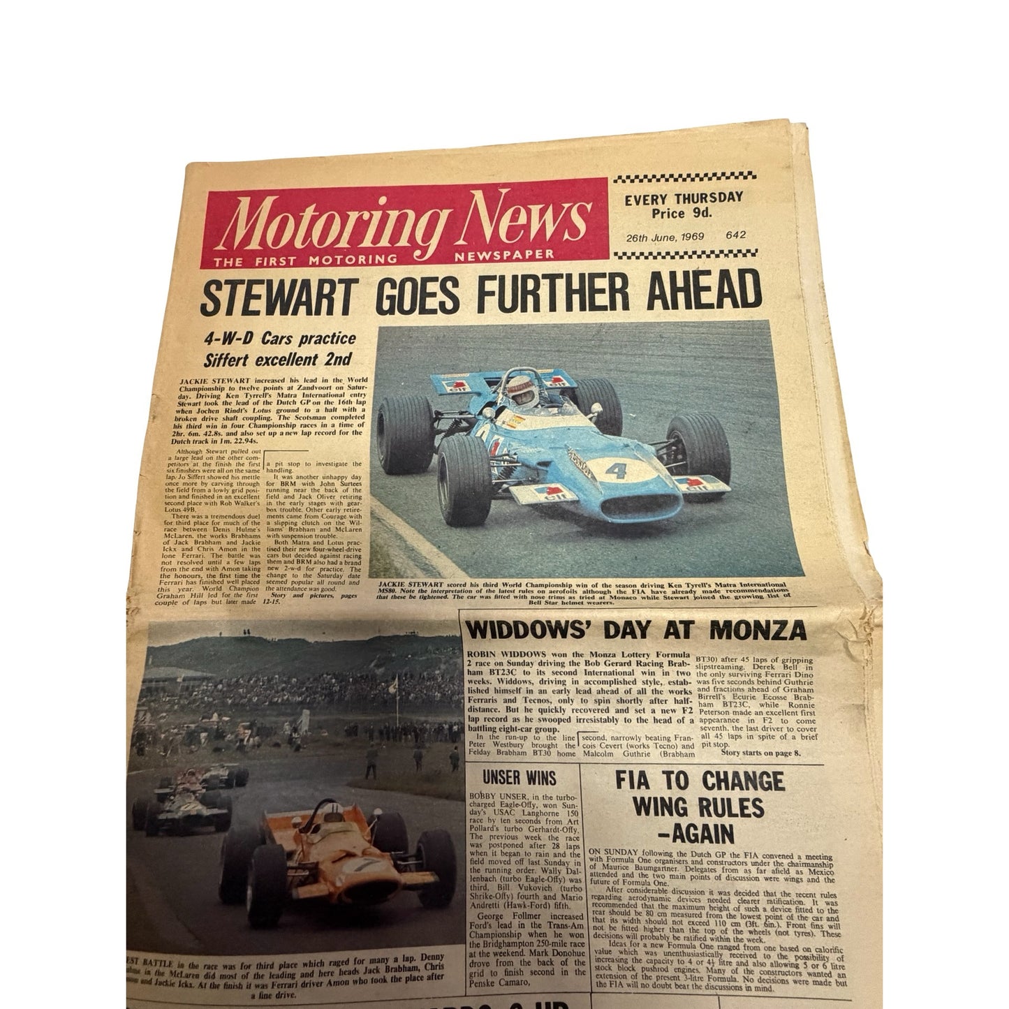 Vintage Motoring News Newspaper June 26 1969 Jackie Stewart Dutch Grand Prix Formula One Racing