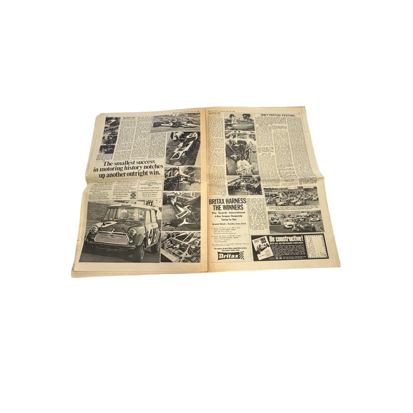 Vintage Motoring News Newspaper June 26 1969 Jackie Stewart Dutch Grand Prix Formula One Racing