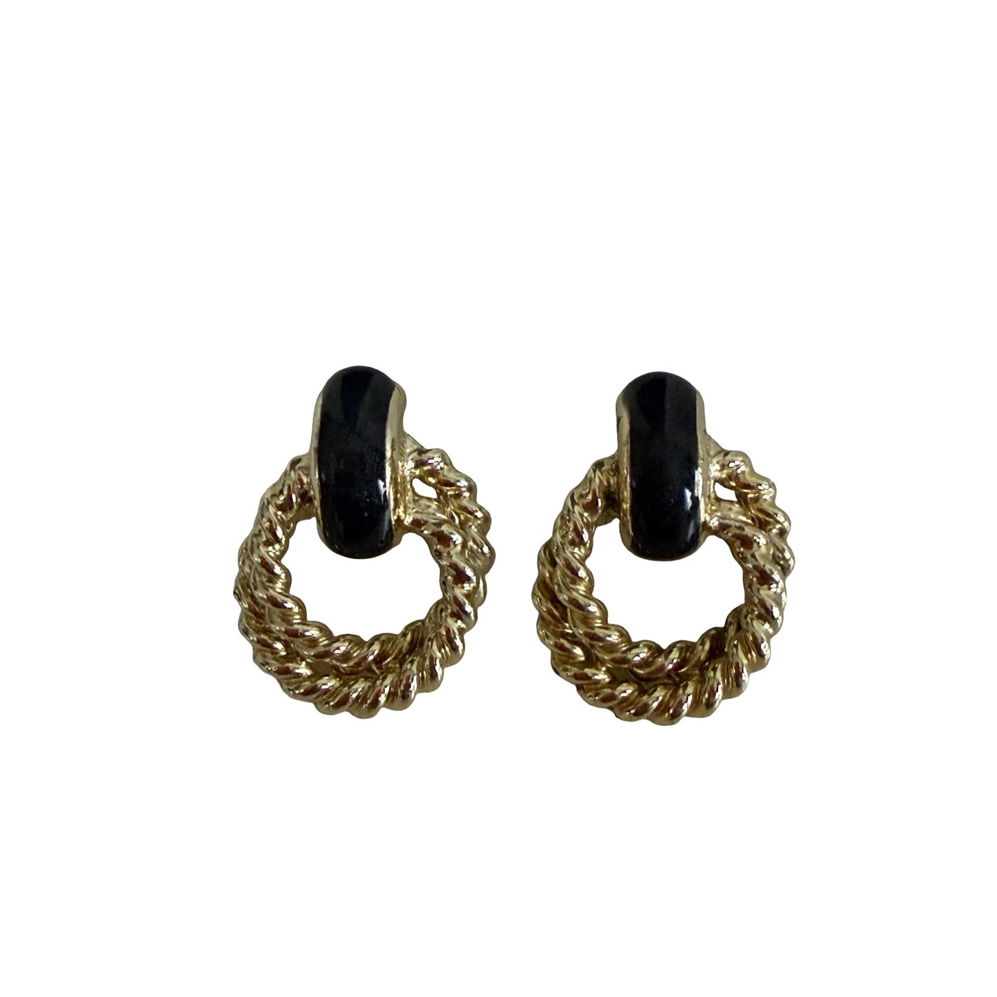 Vintage Gold Tone Black Enamel Door Knocker Earrings Twisted Rope Statement