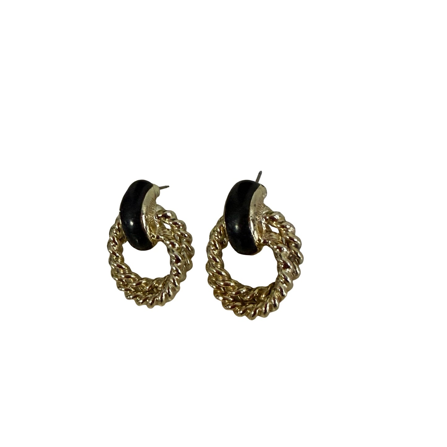 Vintage Gold Tone Black Enamel Door Knocker Earrings Twisted Rope Statement